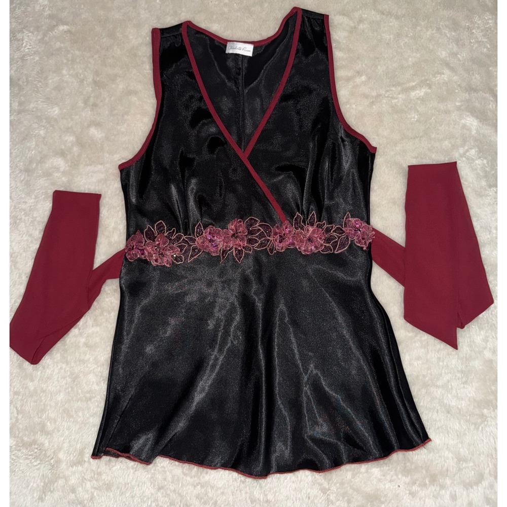 Charlotte Russe Vintage Black Satin Floral Applique Tie Back Peplum Top Medium